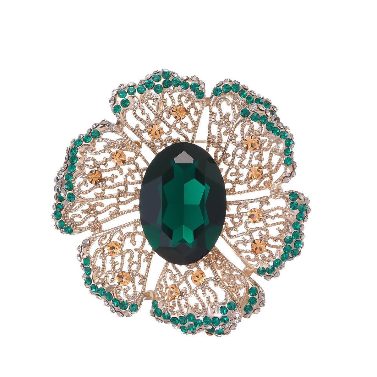 Emerald Crystal Rhinestone Floral Brooch Pin