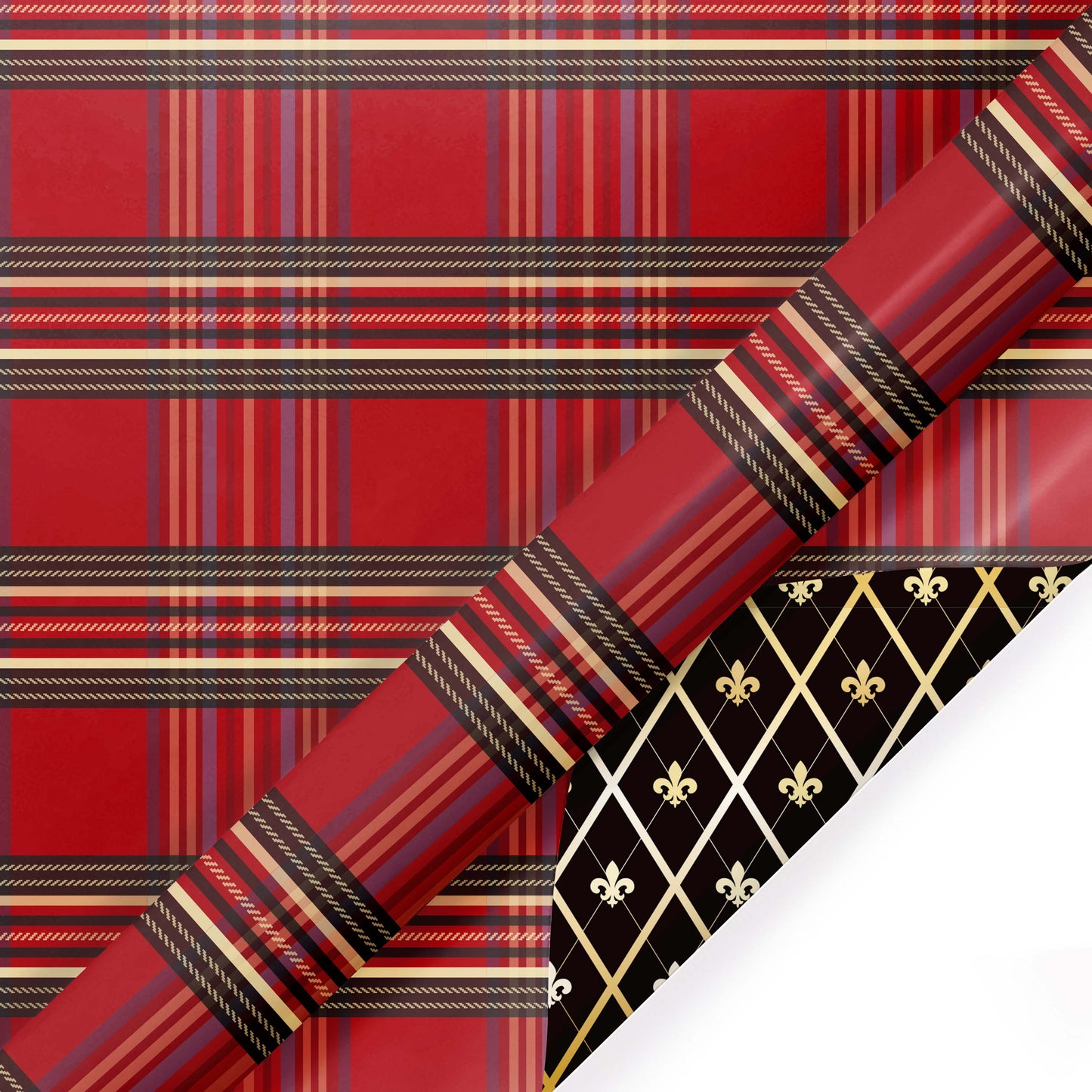 30" x 10' Reversible Holiday Wrapping Paper | Windowpane Plaid/Harlequin Fleur-de-lis