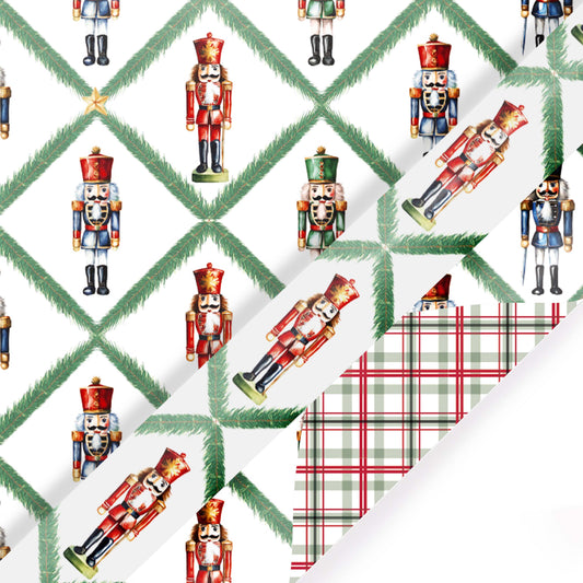 30" x 10' Reversible Holiday Wrapping Paper | Norfolk Pine Nutcracker/Small Red and Green Plaid
