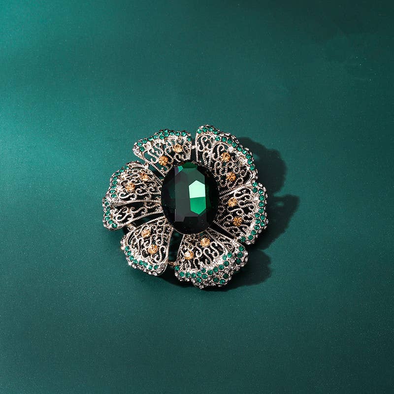 Emerald Crystal Rhinestone Floral Brooch Pin