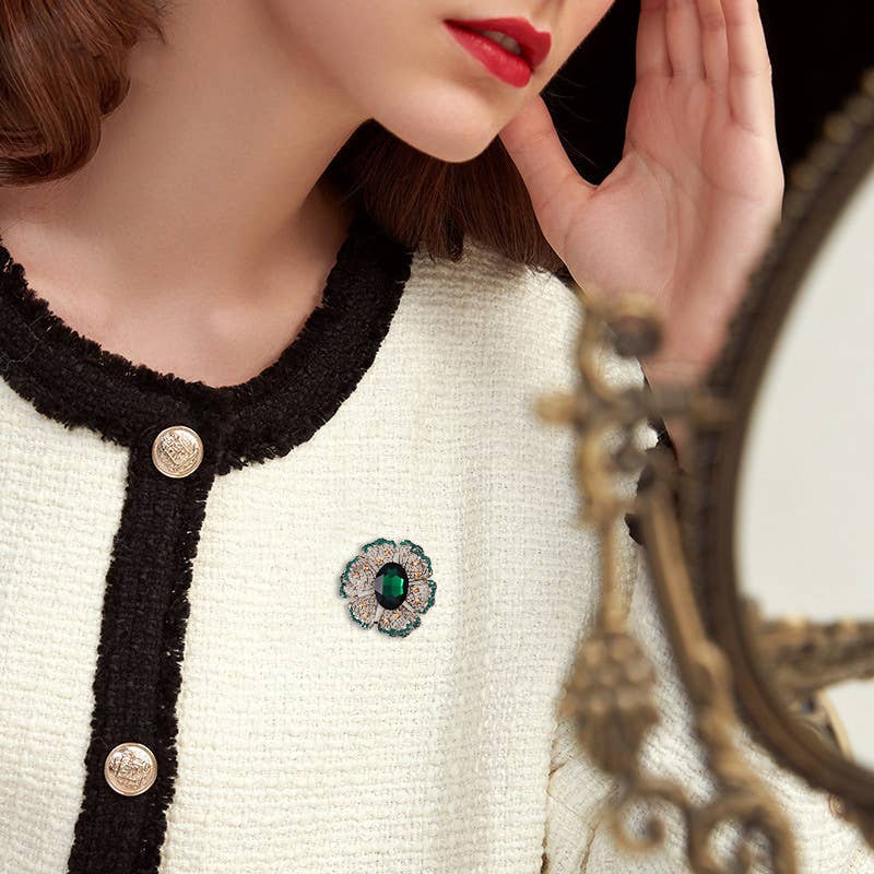Emerald Crystal Rhinestone Floral Brooch Pin