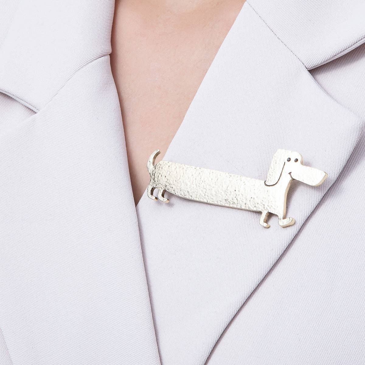Gold 75mm x 30mm Hammered Wiener Dog Puppy Pet Animal Pin Brooch