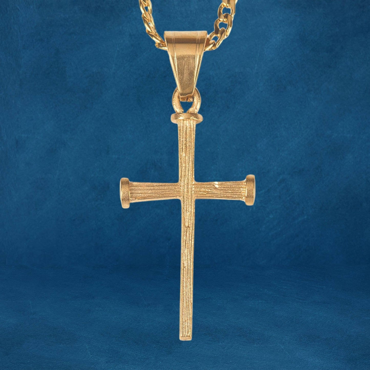 Gold Plated Stainless Steel Textured Nail Cross Necklace Sale