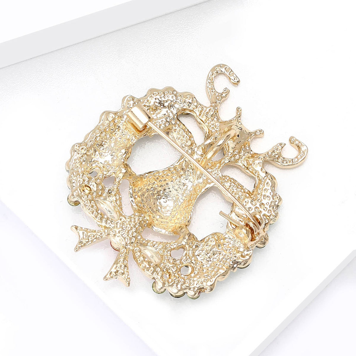 Christmas Reindeer Brooch with Colorful Rhinestone Wreath