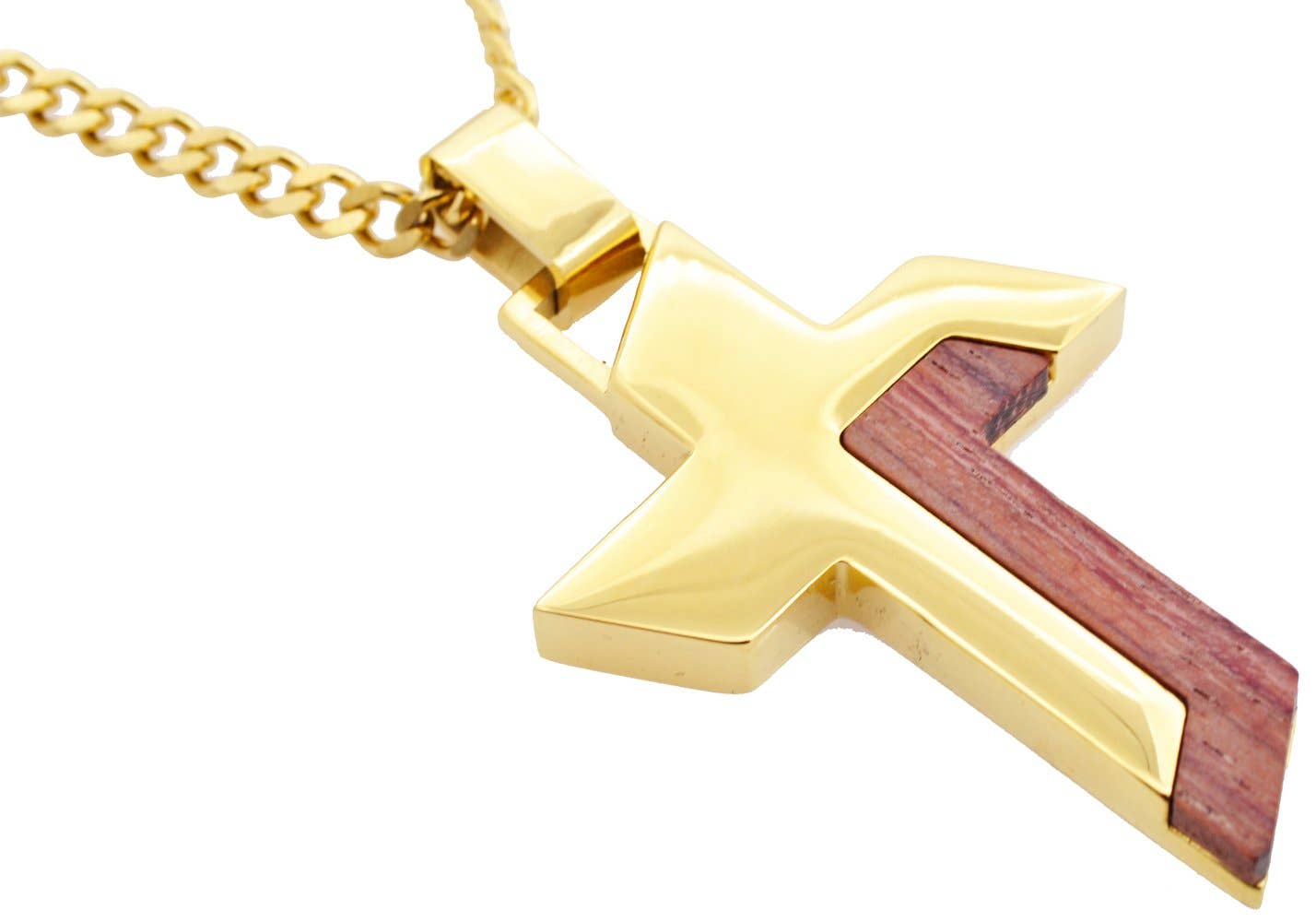 Men's Gold Wood And Stainless Steel Cross Pendant