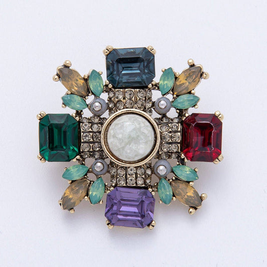 Vintage Antique Gold Multi Color Crystal Brooch Red Geren Blue Cross Crystal Pin