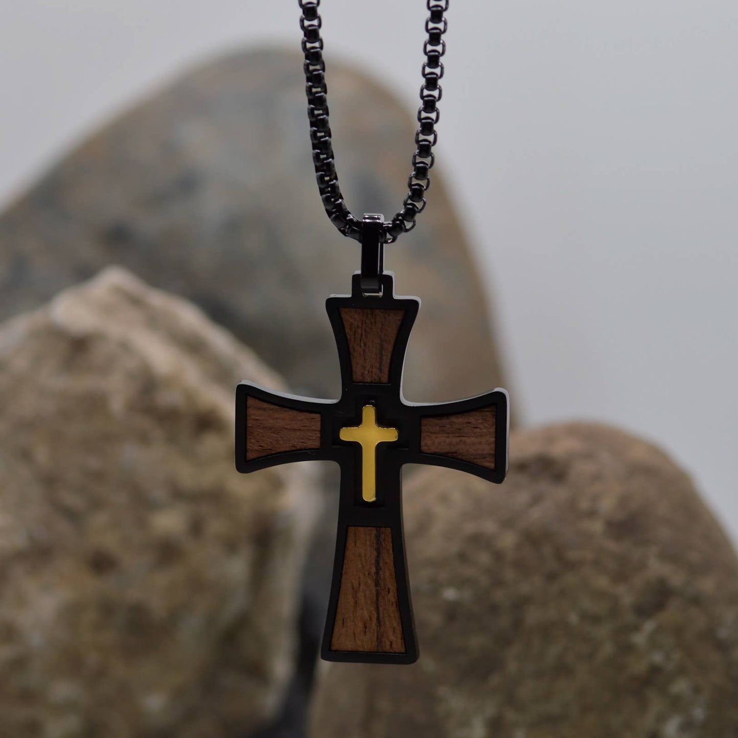 Wood/Black Cross Necklace