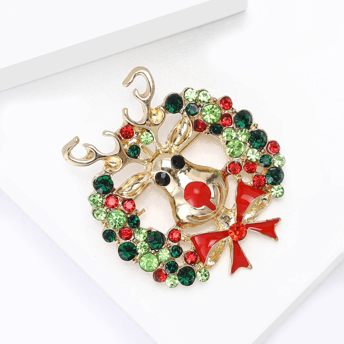 Christmas Reindeer Brooch with Colorful Rhinestone Wreath