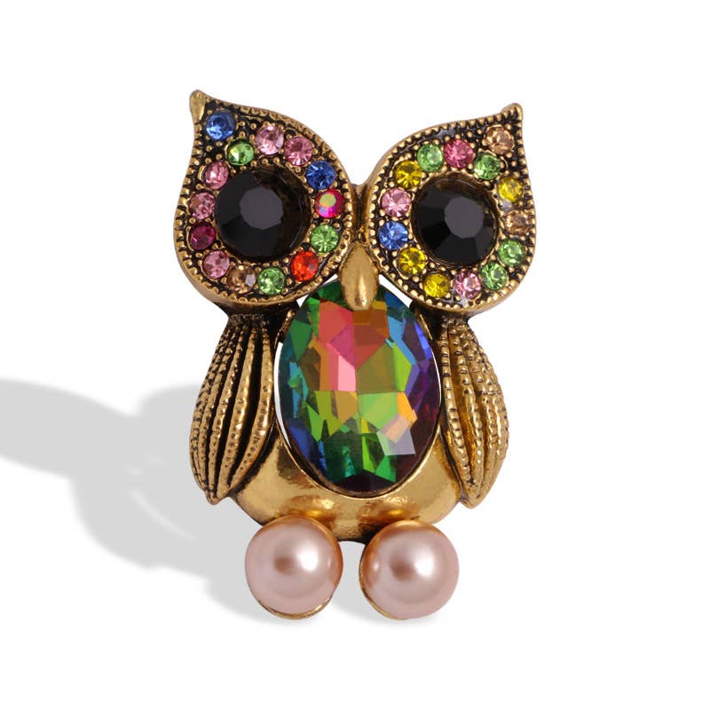 Cute Big Eyed Diamond-Studded Owl Alloy Brooch