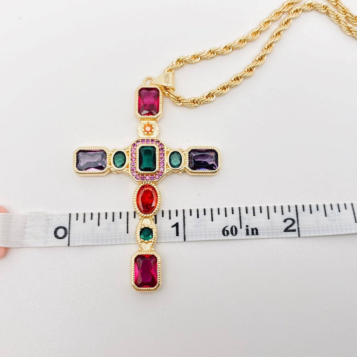 Colored Cubic Zirconia Cross 18KGold Plated Pendant Necklace