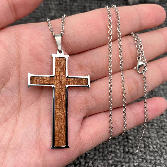Wood + Stainless Steel Cross Charm Necklace