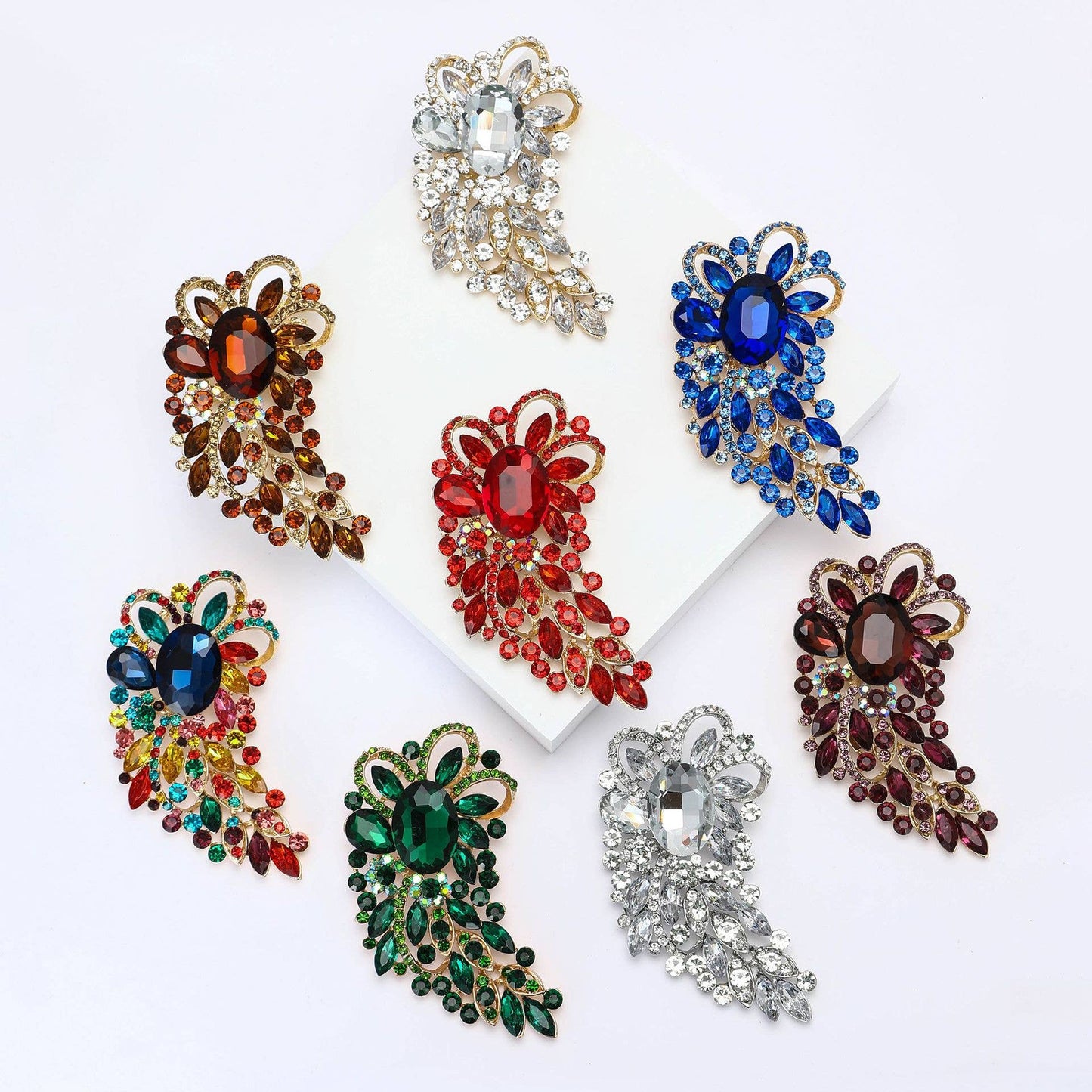 Large Rhinestone Leaf Oval Brooch Pin