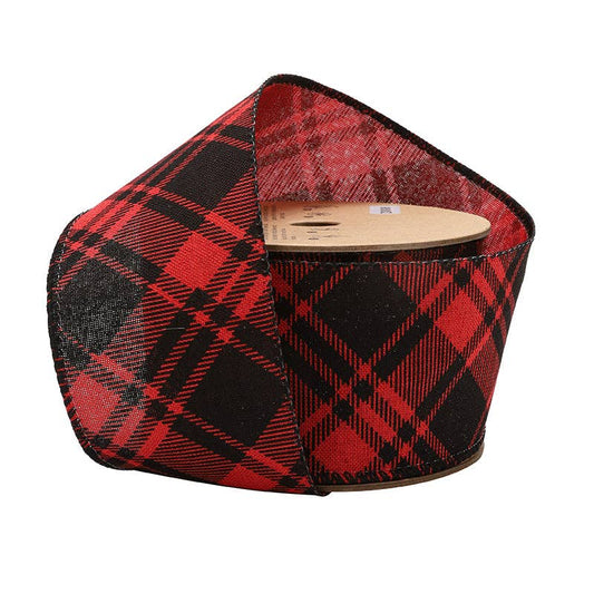 2 1/2" Wired Ribbon | Printed Red/Black Bias Plaid | 10 Yard Sale