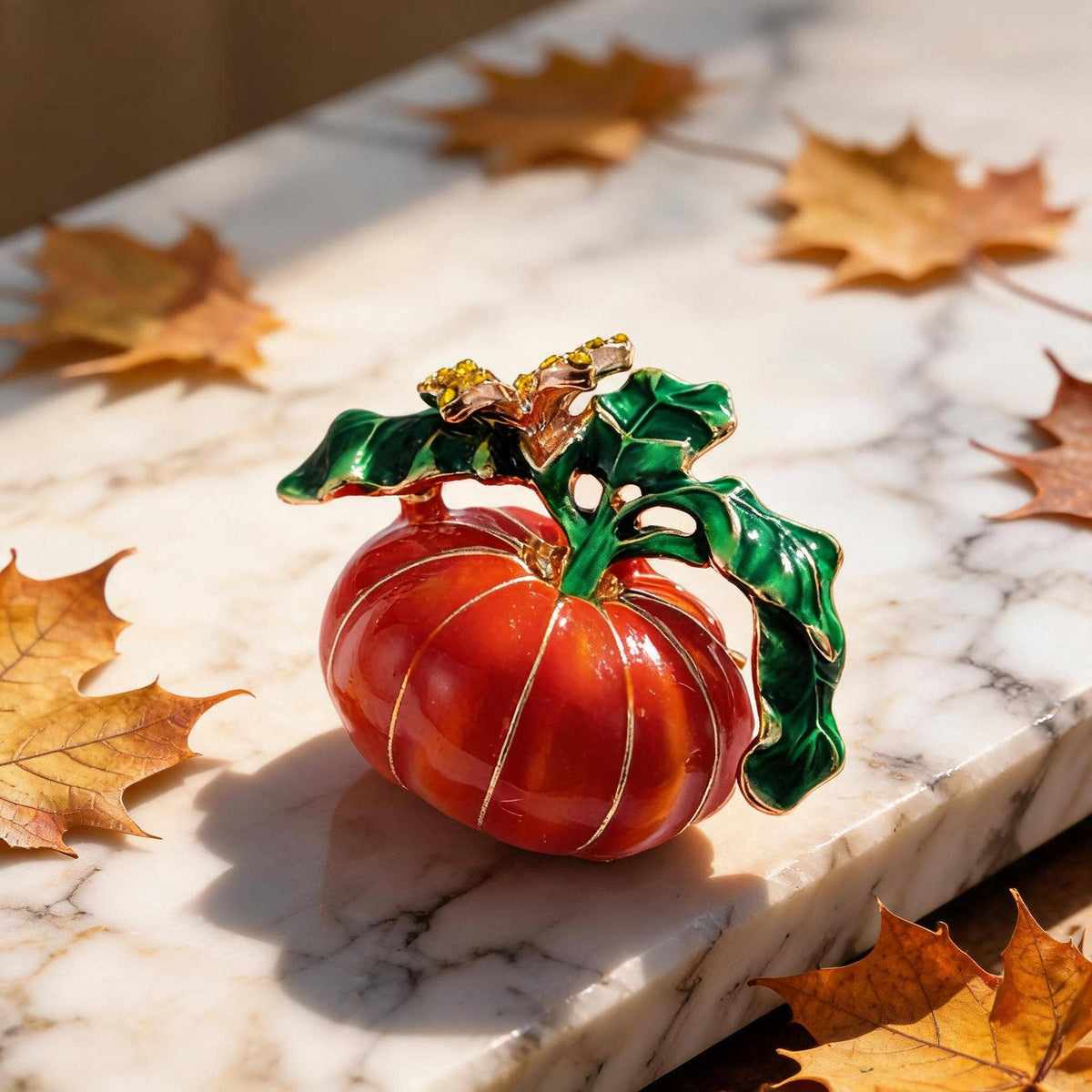 Autumn Botanical Pumpkin Brooch with Leaves & Flower