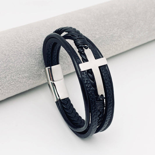 Cross Multi-Layer Woven Leather Bracelet Steel Sale