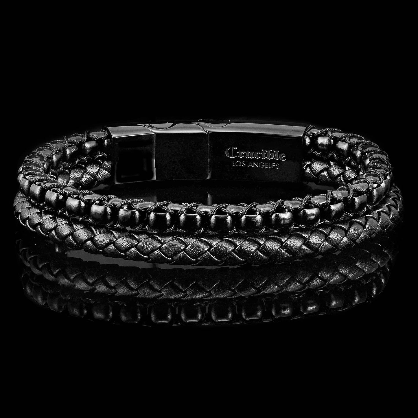 Crucible Stainless Steel Box Chain and Leather Bracelet