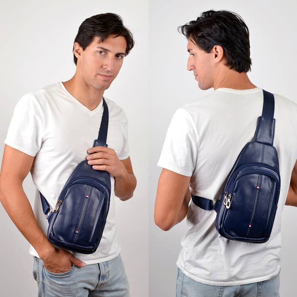 Vegan Leather Sling Bag Backpack with Adjustable Strap - Navy