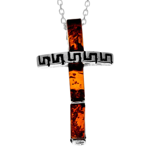 925 Steling Silver & Genuine Baltic Amber Modern Cross Pendant