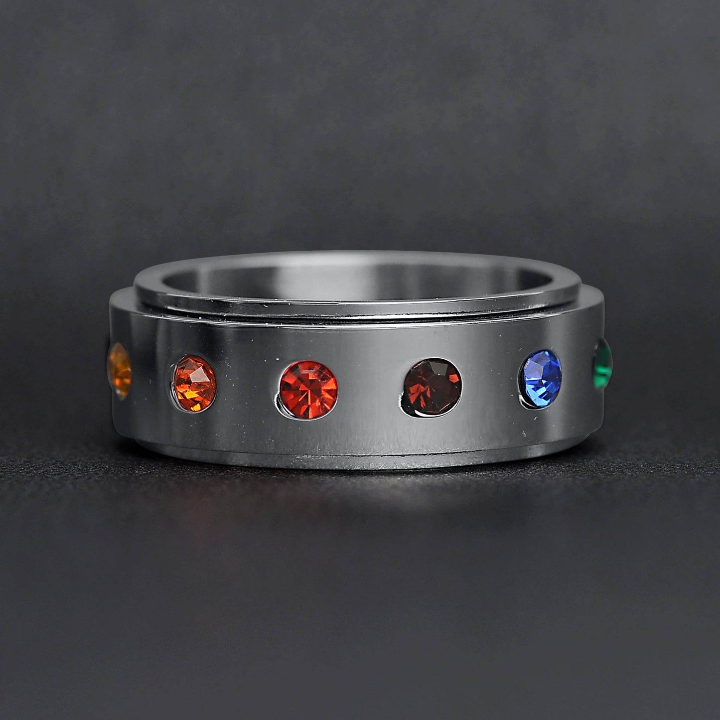 Rainbow CZ Spinner St Stl Ring