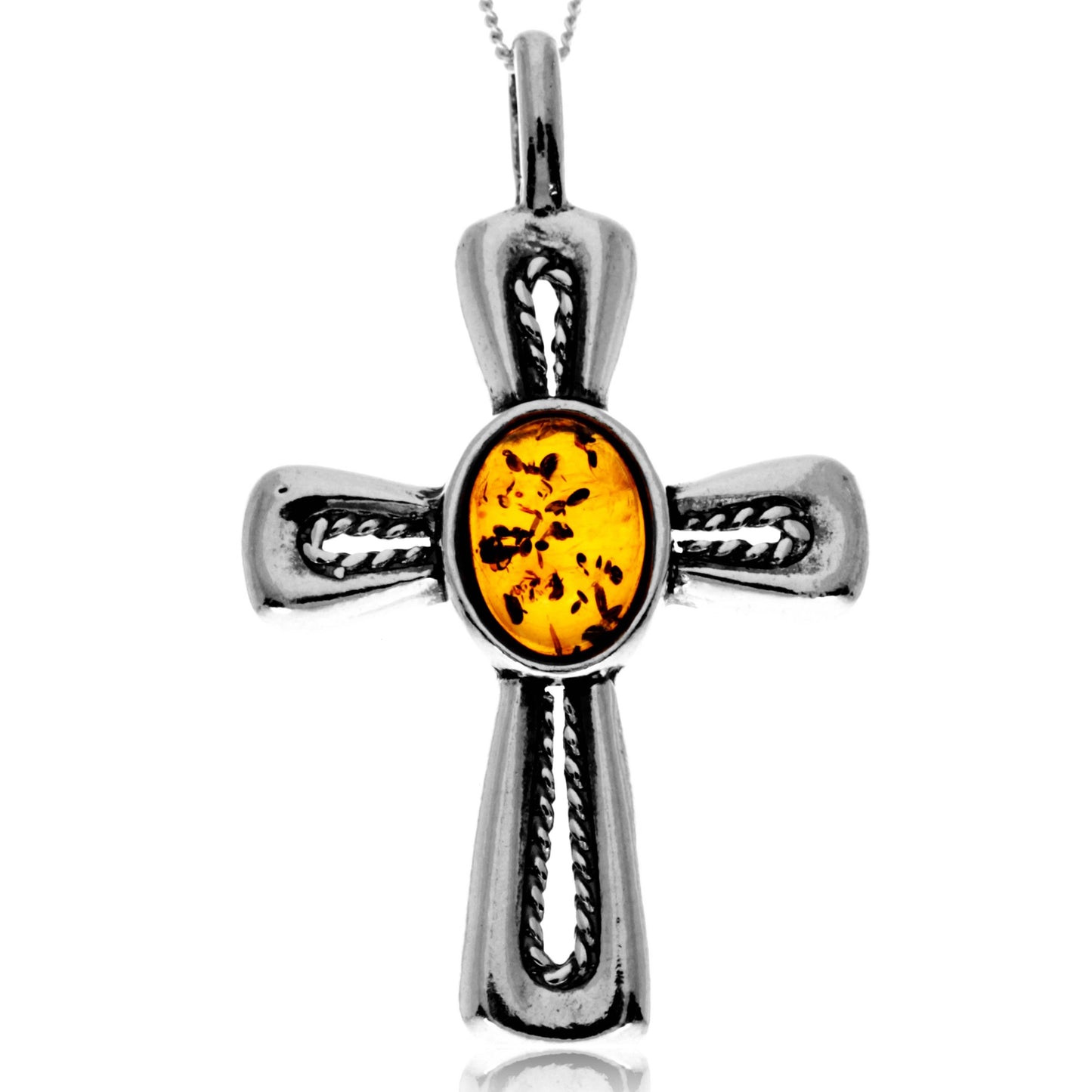 925 Steling Silver & Genuine Baltic Amber Celtic Cross Pendant