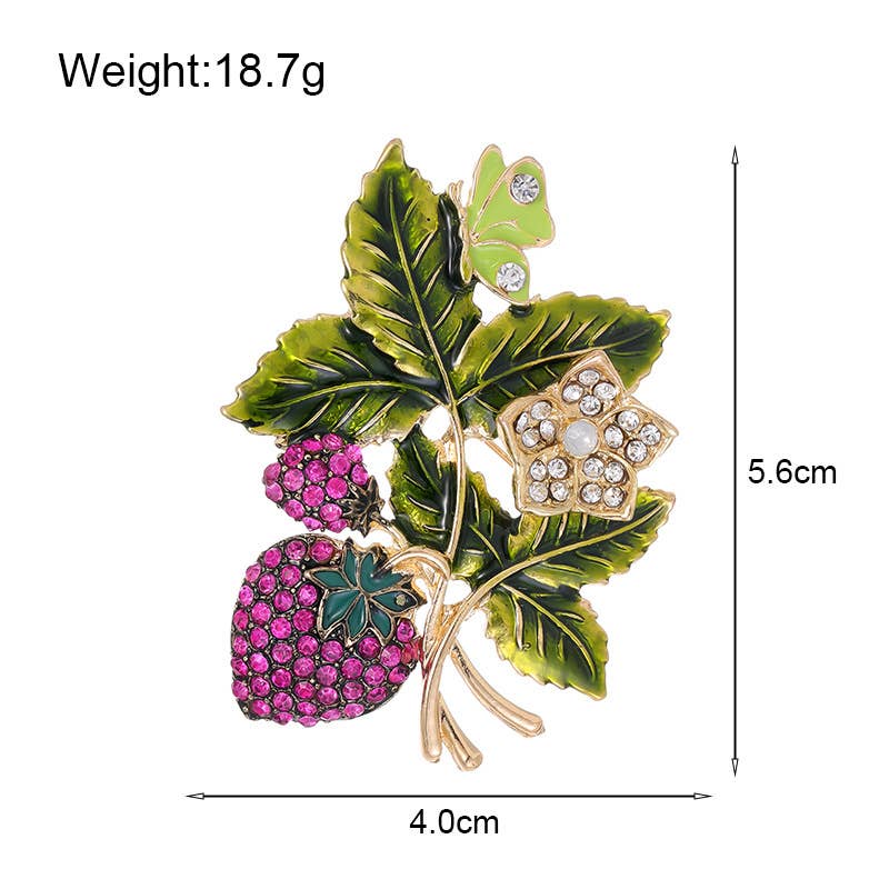 Vintage Enamel Leaf Strawberry Brooch Pin