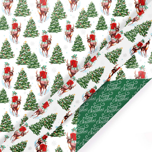 30" x 10' Reversible Holiday Wrapping Paper | Vintage Trees and Deer/Merry Christmas on Green