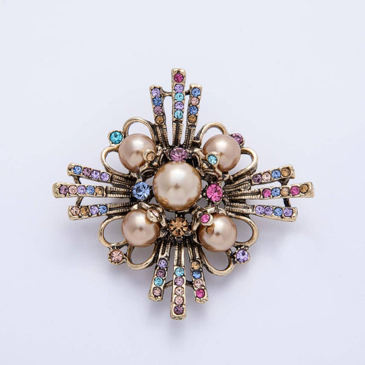 Vintage Gold 51mm x 38.5mm Multicolor Rhinestone Pearl Rhombus Pin Brooch