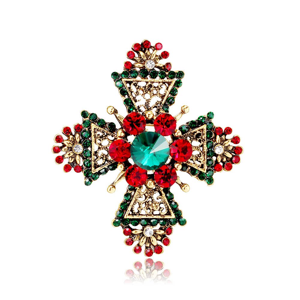 Geometric Rhinestone Cross Vintage Brooch Pin