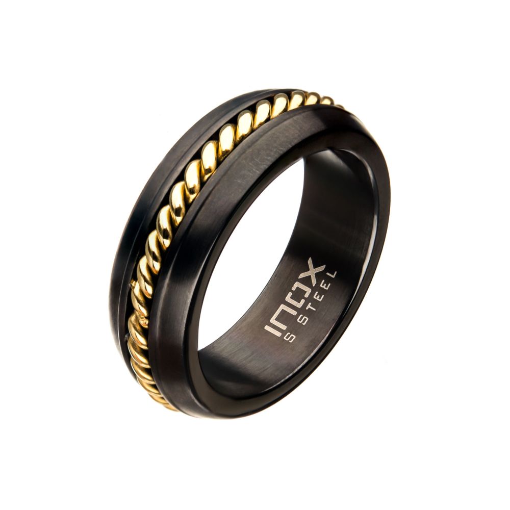 Steel Polished Gold IP Inlayed Ring