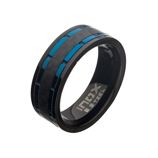 Black Carbon Fiber Hammered Ring with Blue IP Lines Sale