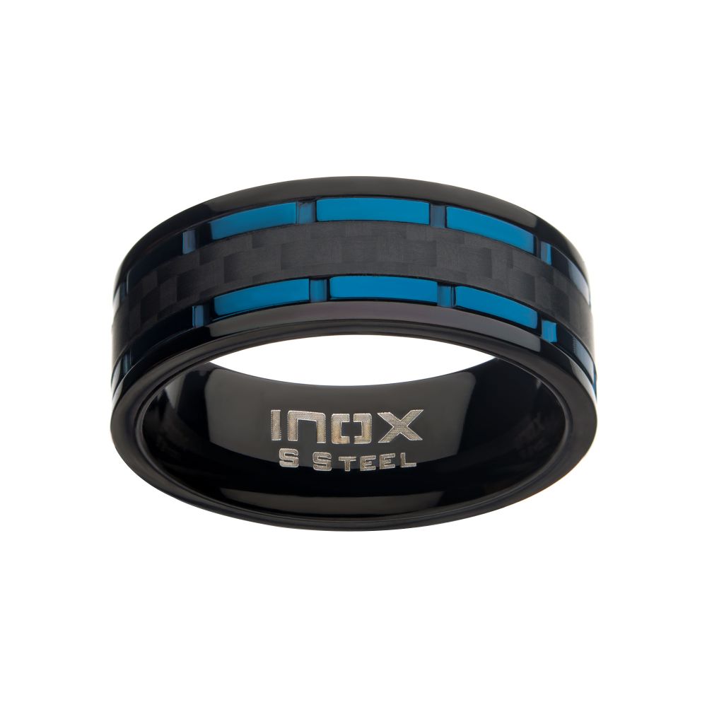 Black Carbon Fiber Hammered Ring with Blue IP Lines Sale