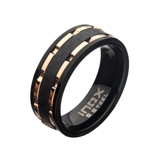 Black Carbon Fiber Hammered Ring with Rose Gold IP Lines Sale