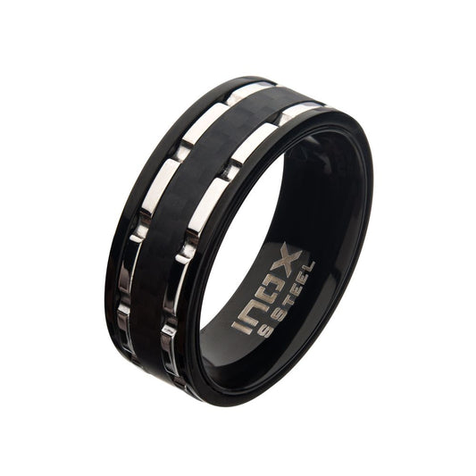 Black Carbon Fiber Hammered Ring with Stainless Steel Lines Sale