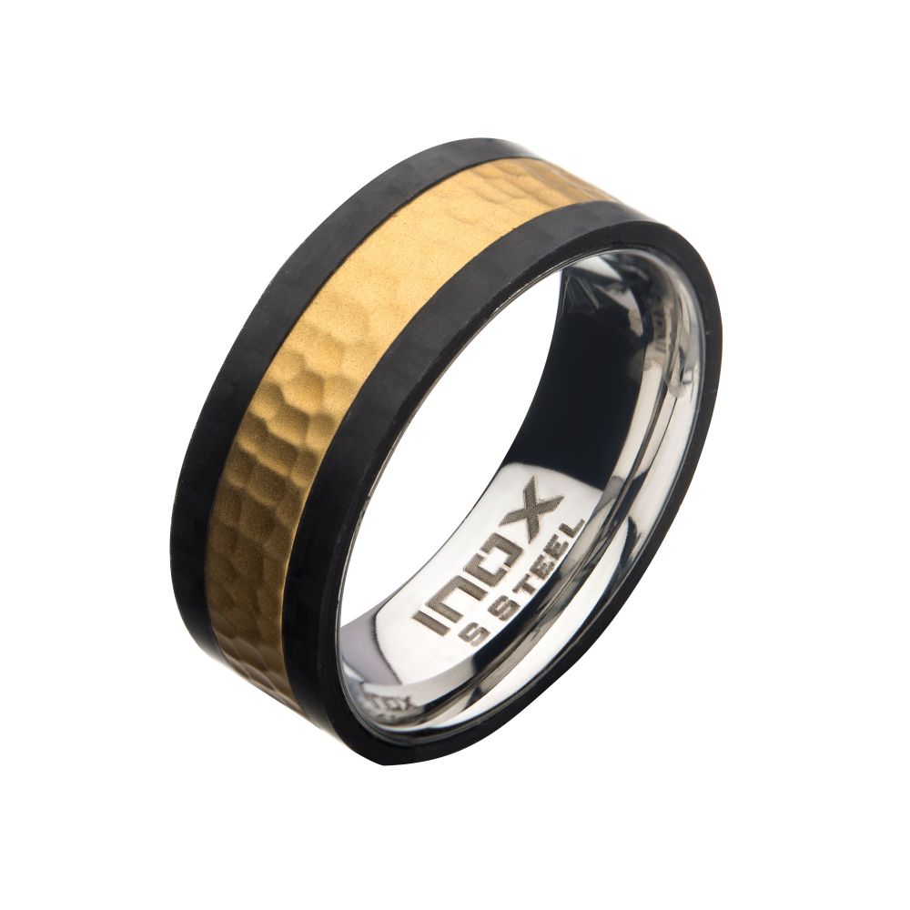 Stainless Steel & Carbon Fiber with Gold IP Hammered Ring Sale