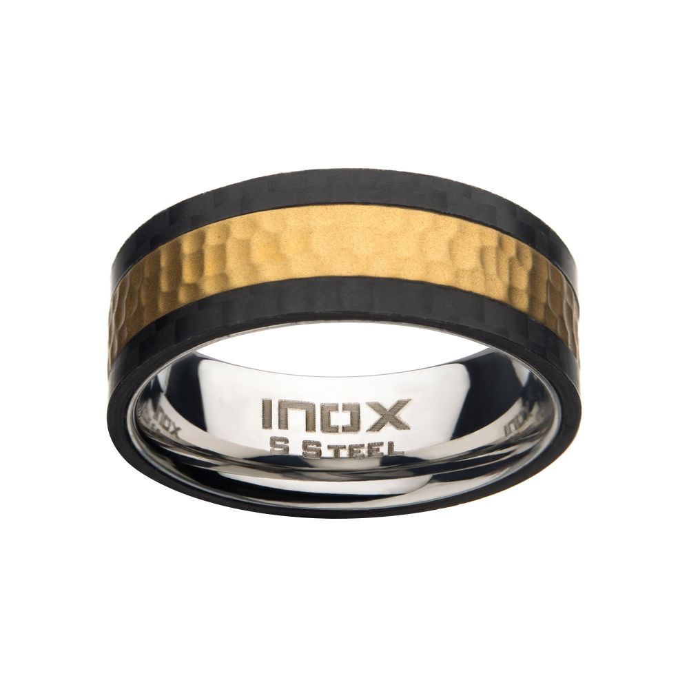 Stainless Steel & Carbon Fiber with Gold IP Hammered Ring Sale