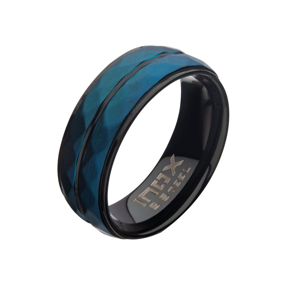 Stainless Steel with Matte Black & Blue IP Double Hammered Ring Sale