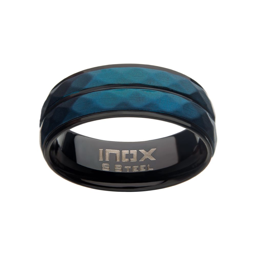 Stainless Steel with Matte Black & Blue IP Double Hammered Ring Sale