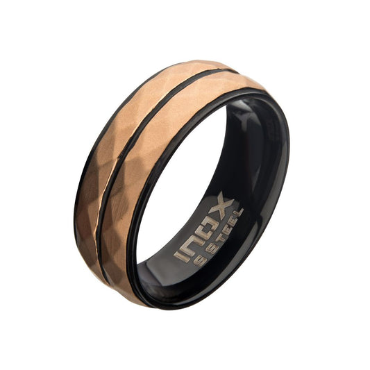 Stainless Steel with Matte Black & Rose Gold IP Double Hammered Ring Sale