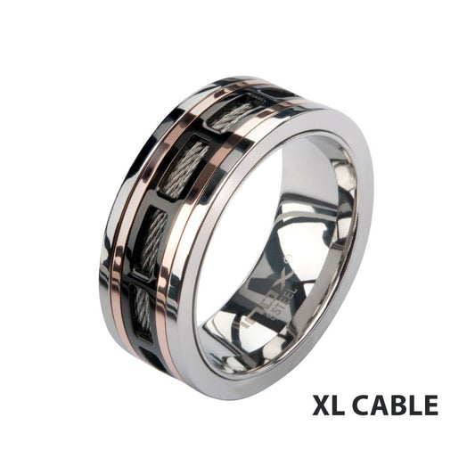 Black & Rose Gold IP Steel Window with Cable Inlay Comfort Fit Ring Sale