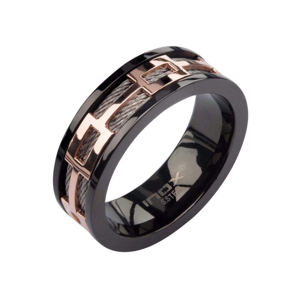 Stainless Steel Cable Rose Gold IP & Black IP Window Ring