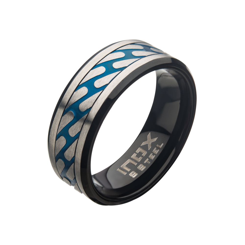 Matte Stainless Steel & Blue IP Curb Chain Ring Sale