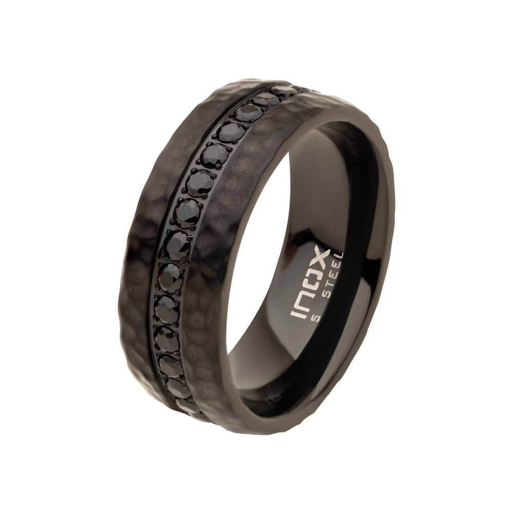 Black IP with CNC Set Black CZ Hammered Ring Sale