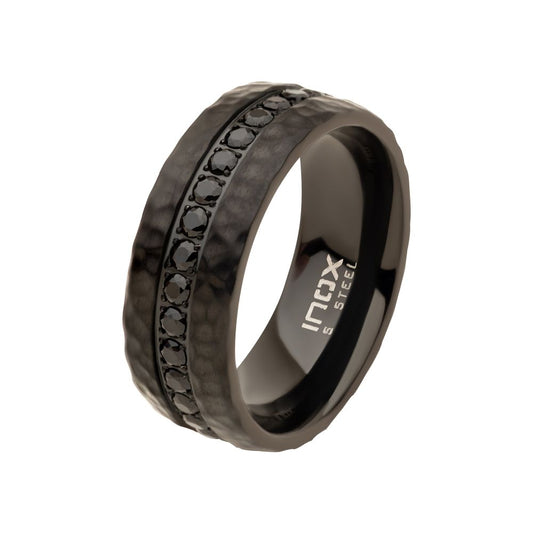 Black IP with CNC Set Black CZ Hammered Ring Sale