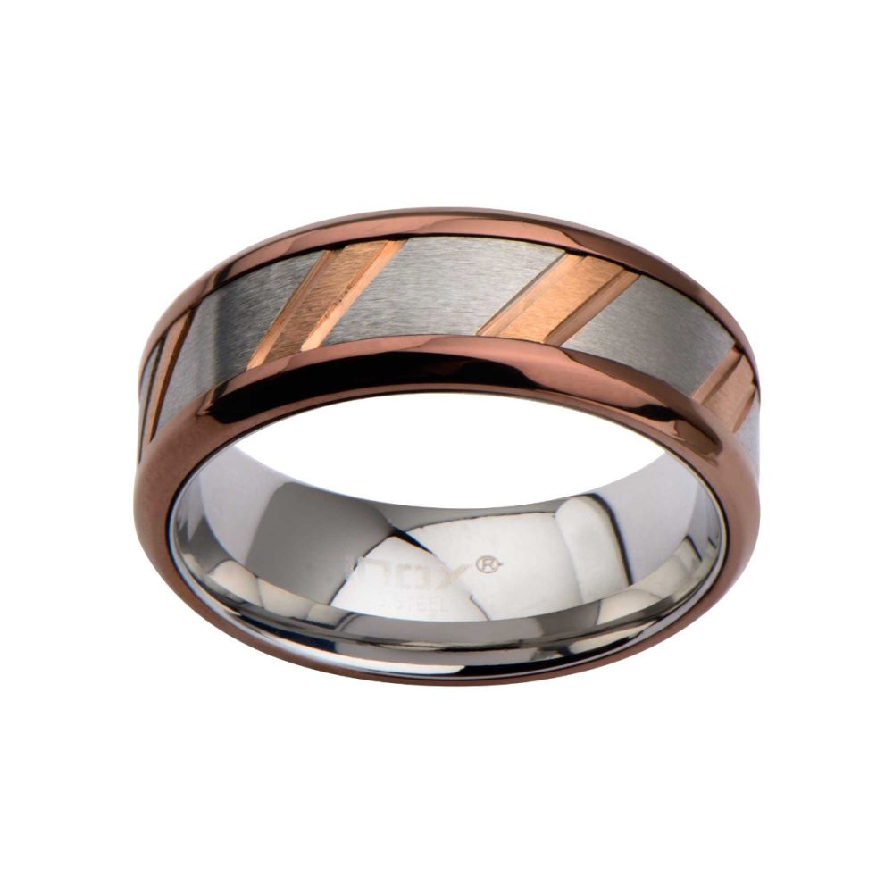 Rose Gold IP & Steel Ring with Diagonal Lines Sale