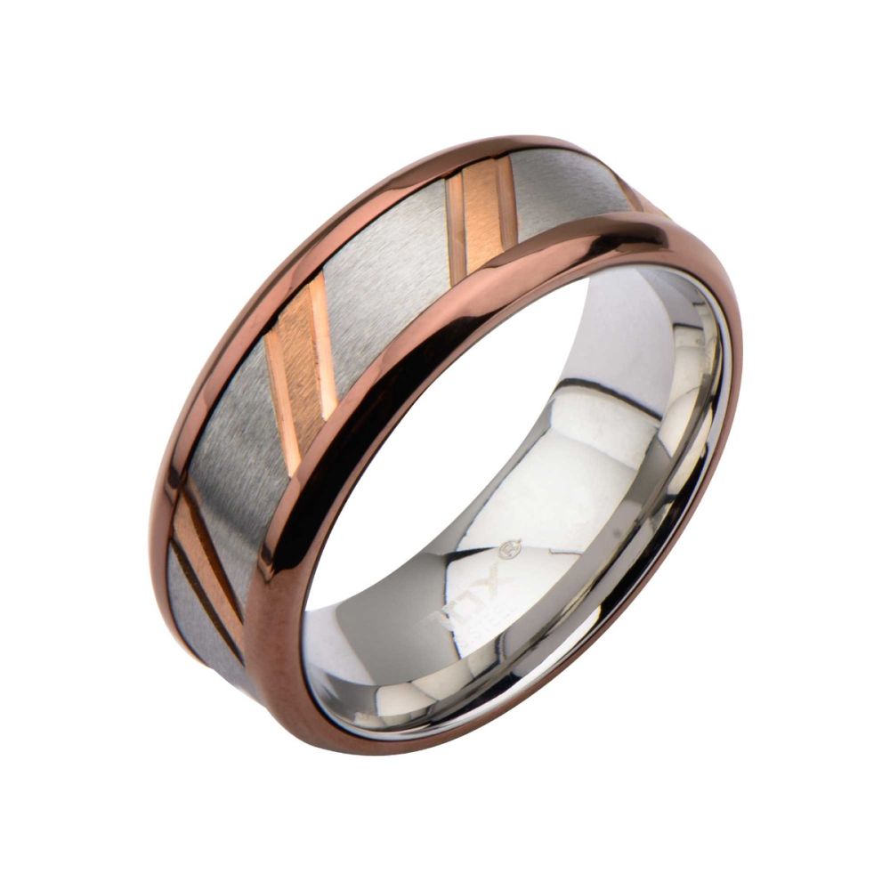 Rose Gold IP & Steel Ring with Diagonal Lines Sale