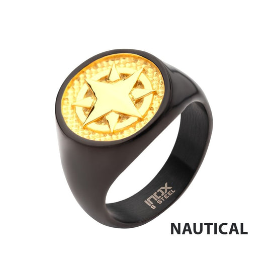 18Kt Gold IP Wayfinder Compass Black IP Signet Ring Sale