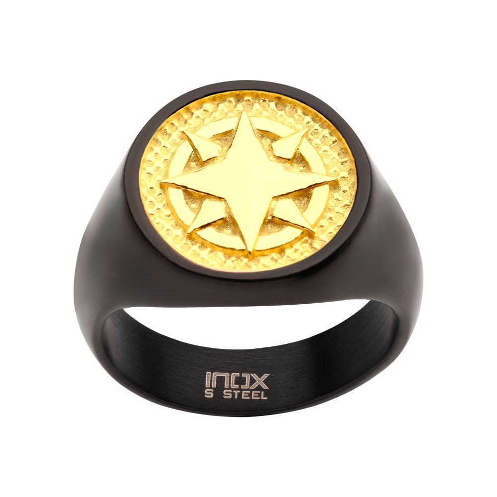 18Kt Gold IP Wayfinder Compass Black IP Signet Ring Sale