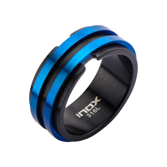 Matte Black IP with Thin Blue Lines Ring Sale