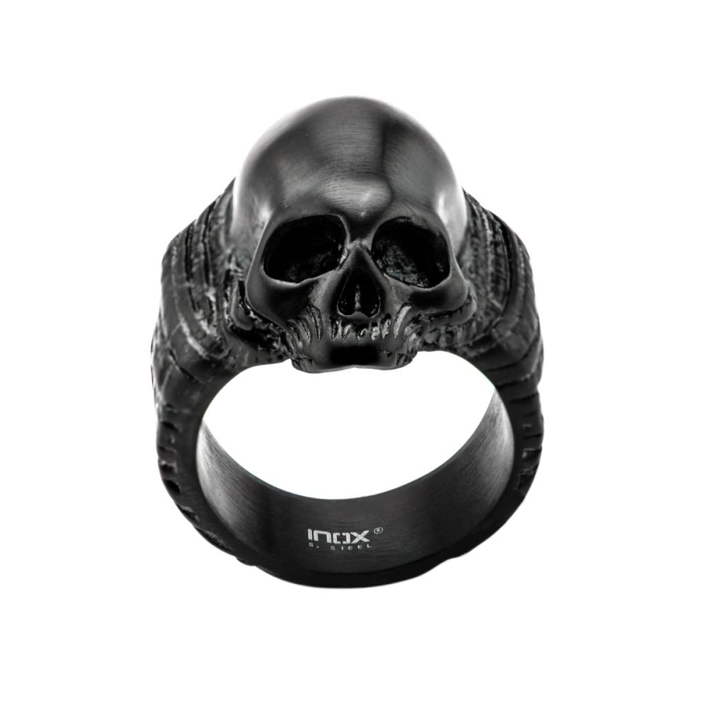 Stainless Steel Matte Finished Black IP Skull Ring