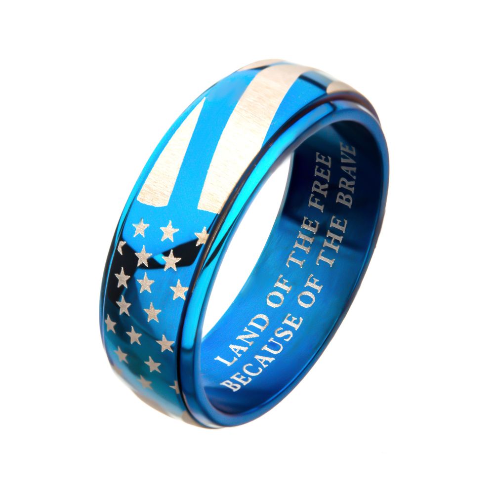 Steel & Blue IP Spinner American Flag Pride Rings